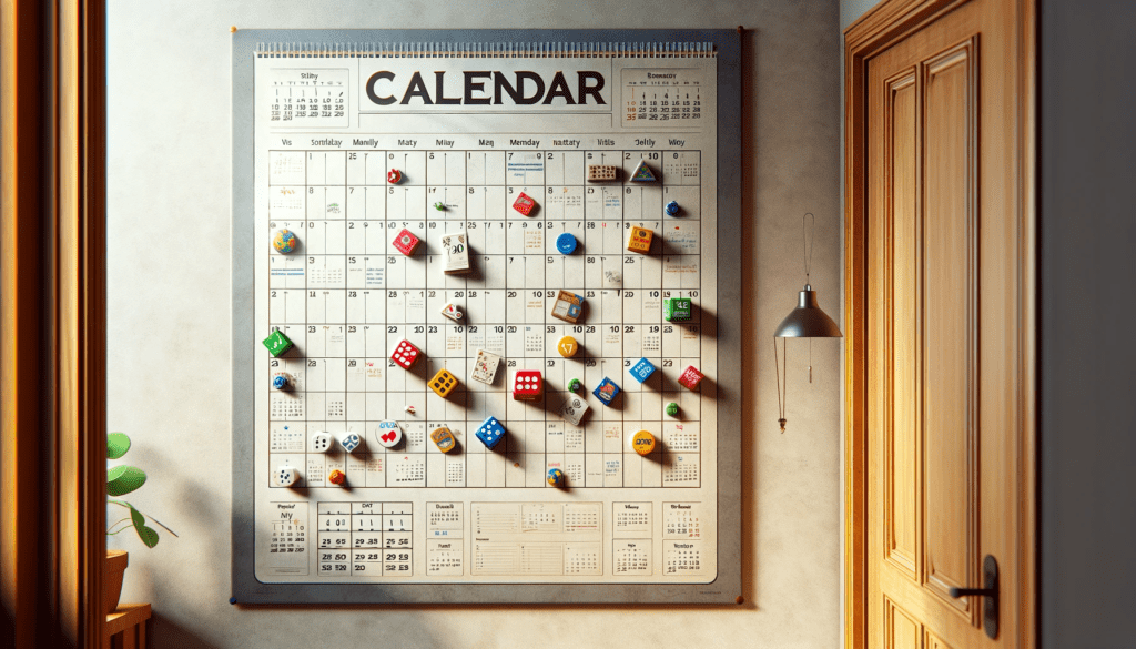 An image of a calendar showing days marked to play board games. 