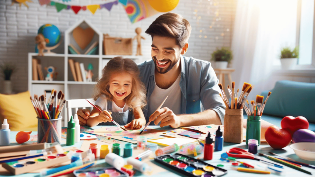 Child and parent enjoying arts and crafts together at a table.