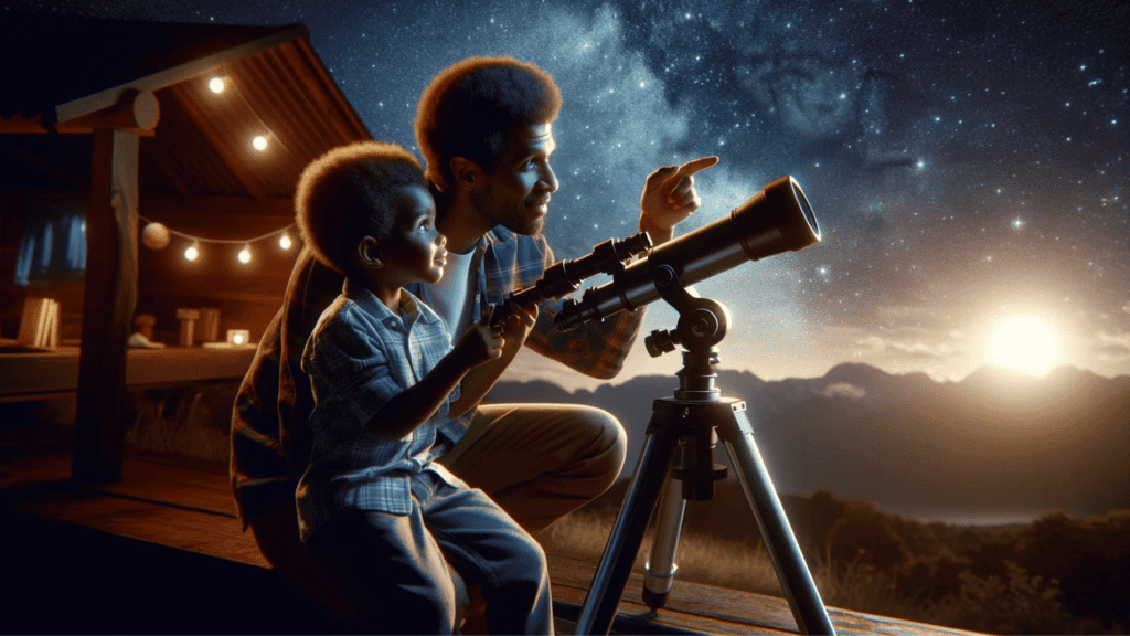 Father and son exploring the night sky with a telescope, sharing a moment of wonder and discovery.