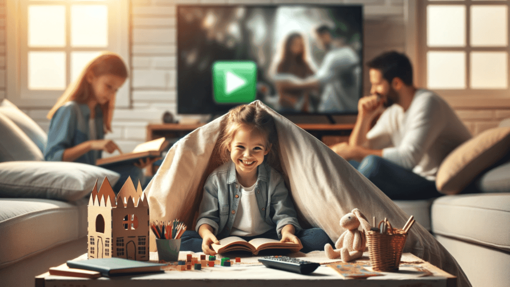 Child happily engaged in a non-screen activity with a turned-off TV in the background.