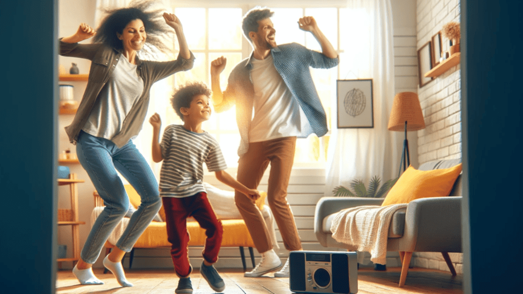 Parents and child dancing and playing music in their living room.