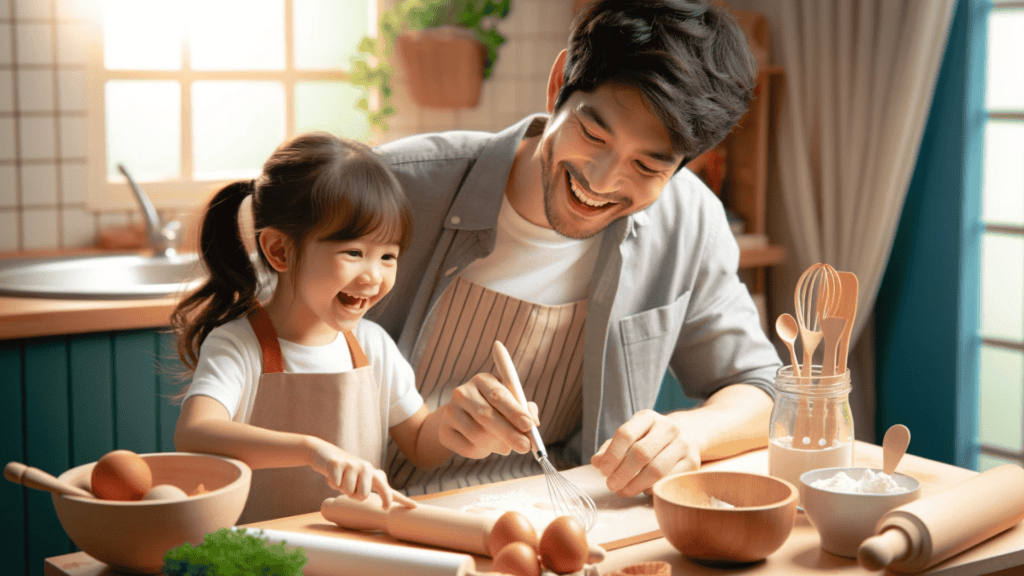 Parent and child experimenting with a new activity or hobby together.