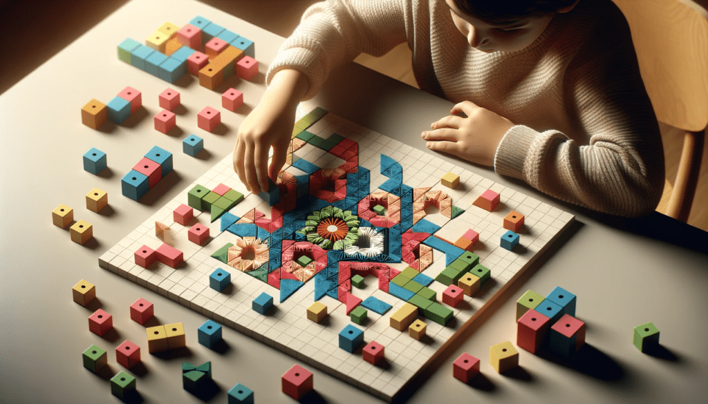  A child creating imaginative patterns with blocks.