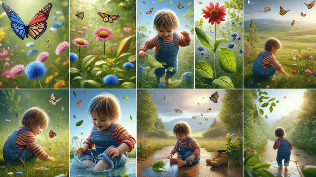 Toddler in nature exploring, chasing butterfly, touching flower, splashing in puddle, and sitting quietly, highlighting discovery and play.