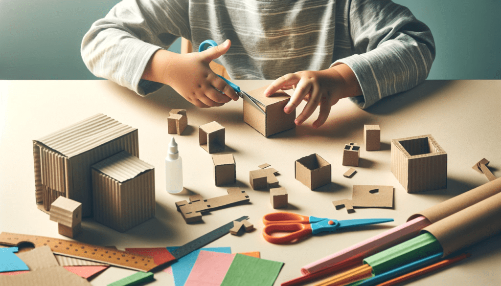  Aa child  crafting basic building blocks from materials like cardboard and paper. 