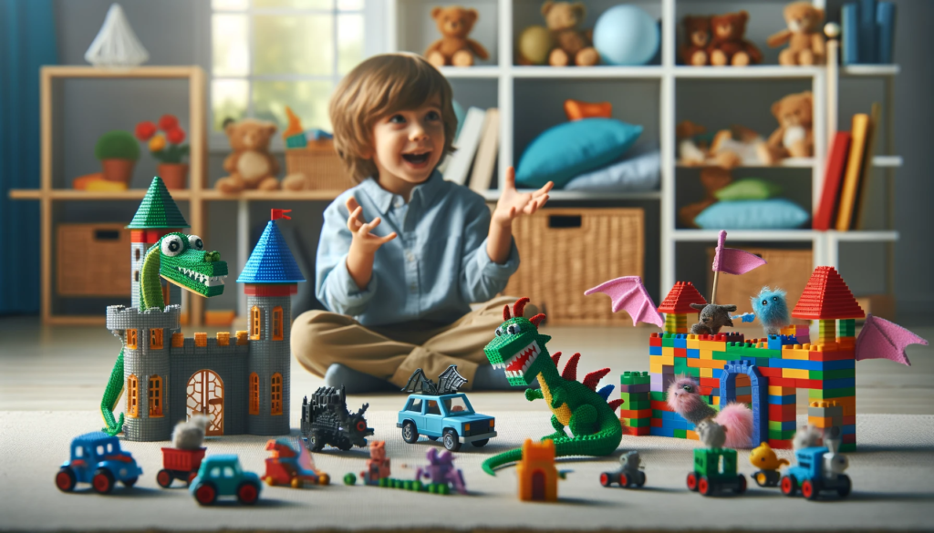 A child surrounded by block structures they’ve built, each representing a different story element – castles, dragons, cars.