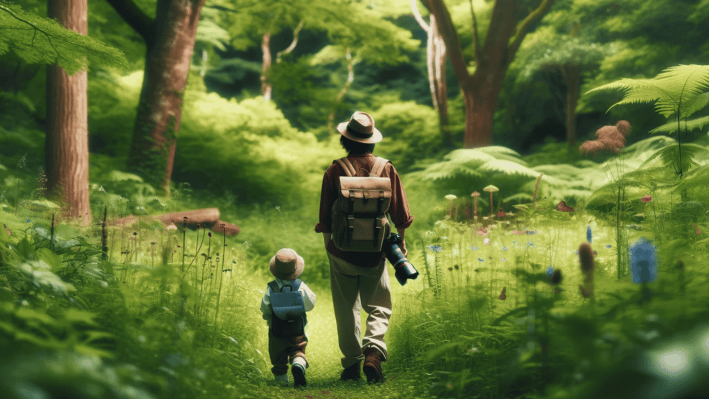 Parent and child exploring nature, walking through a forest or park.