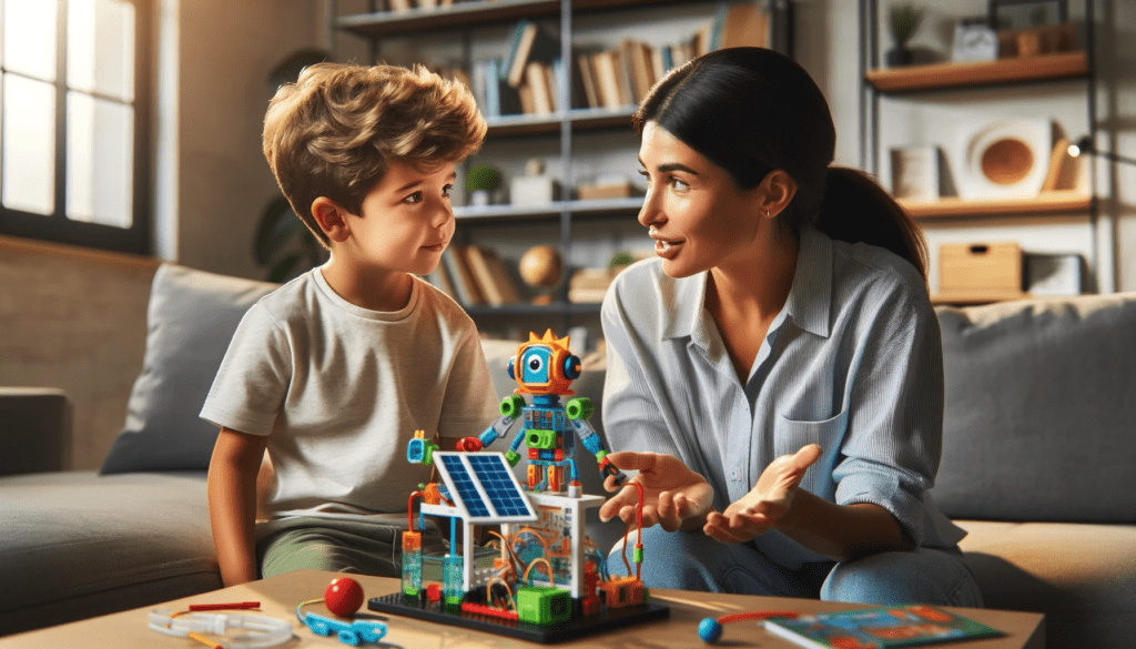 Mom discussing stem toys with her son. 