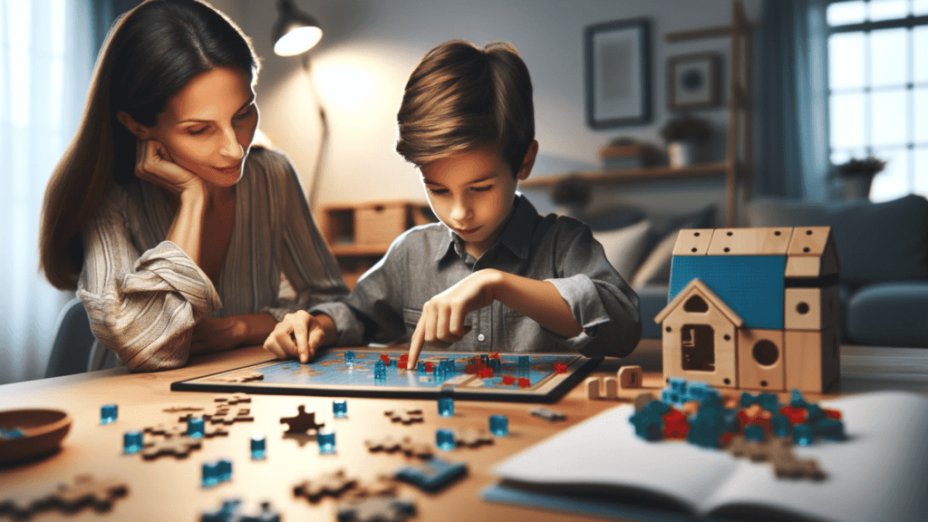 Parent and child engaged in a problem-solving game.