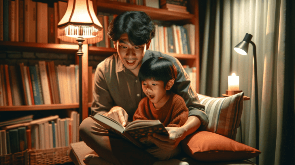 Parent and child reading a book together in a cozy corner.