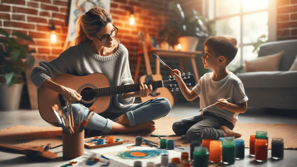 Parent showing a creative skill to their child.