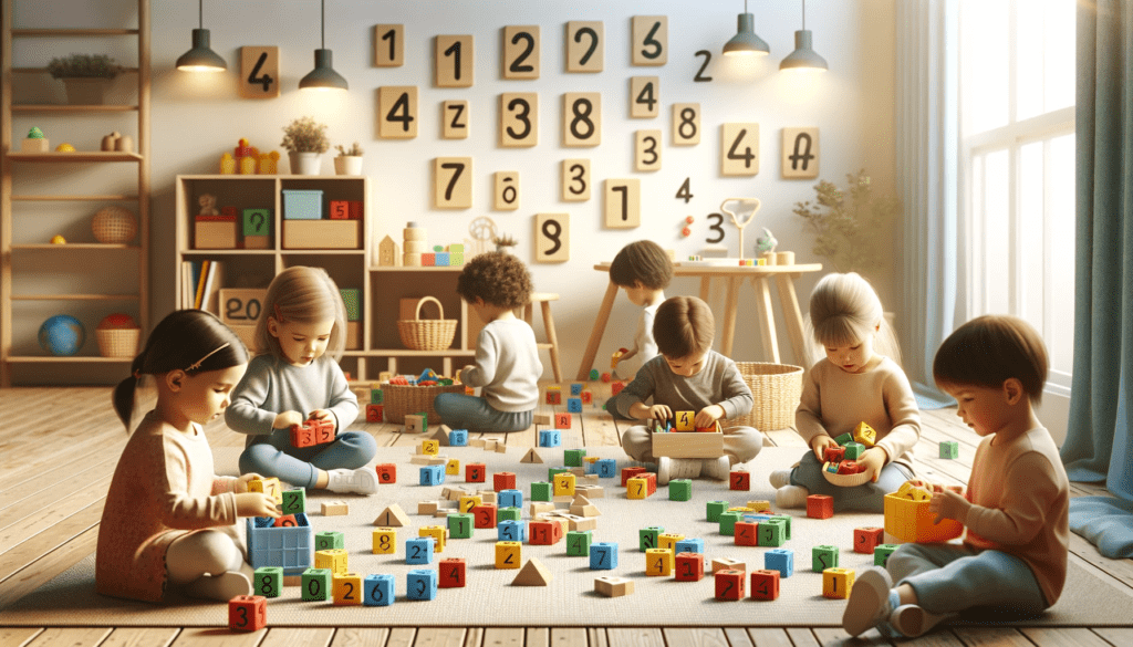 A small group of children in a playroom, engaging in sorting and counting blocks by color and shape. 