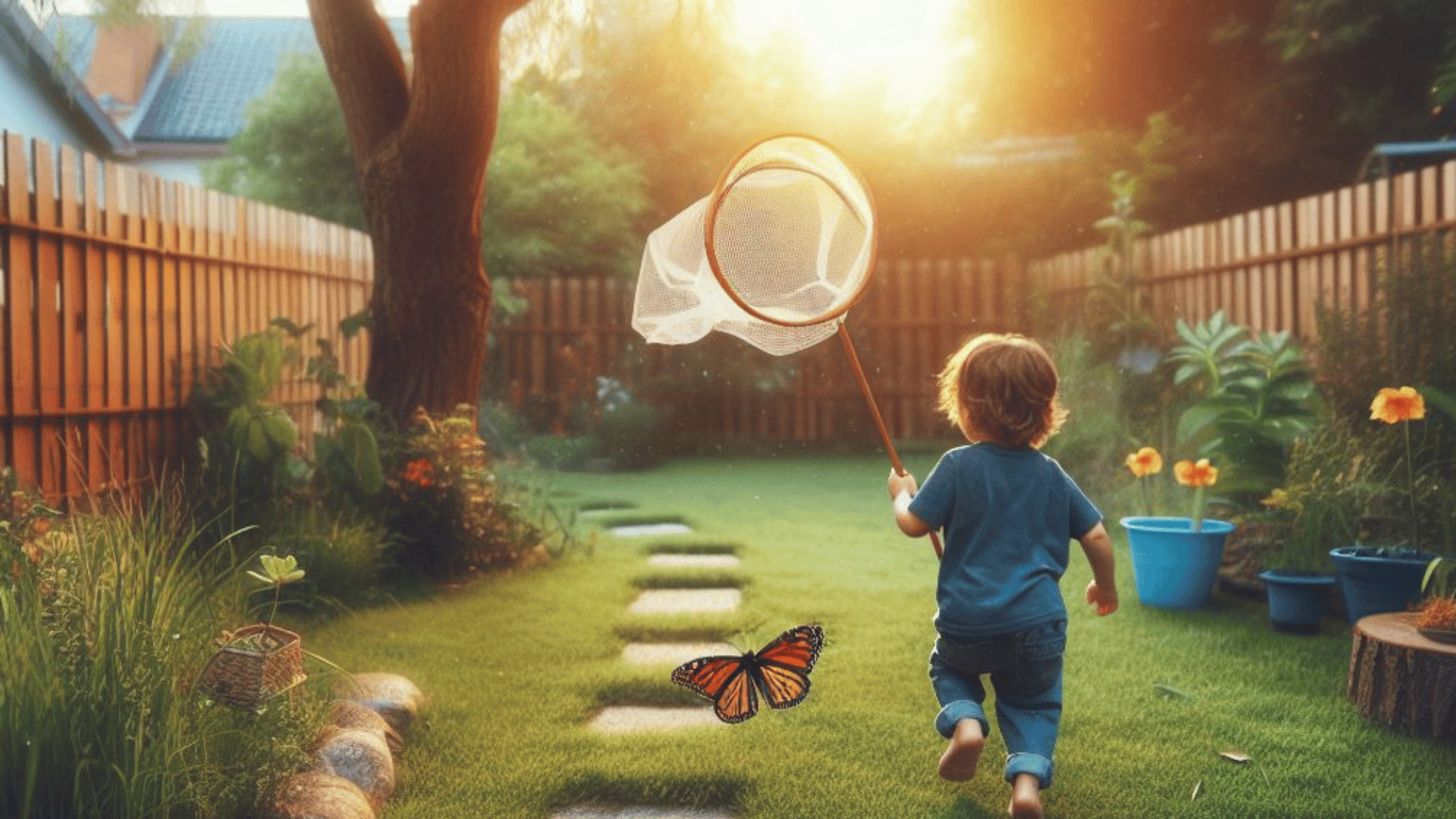 An image of a toddler chasing butterflies in the backyard. 