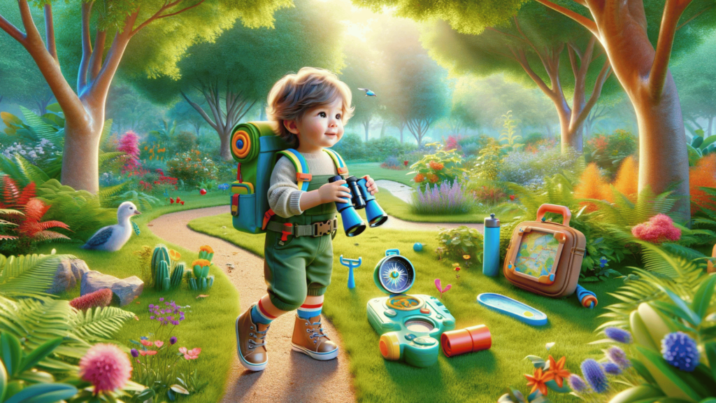 An image of a toddler using an outdoor explorer kit in a park, 