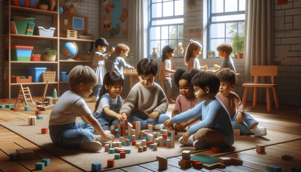 An image of children in a playroom, collaboratively building a simple structure out of blocks. 