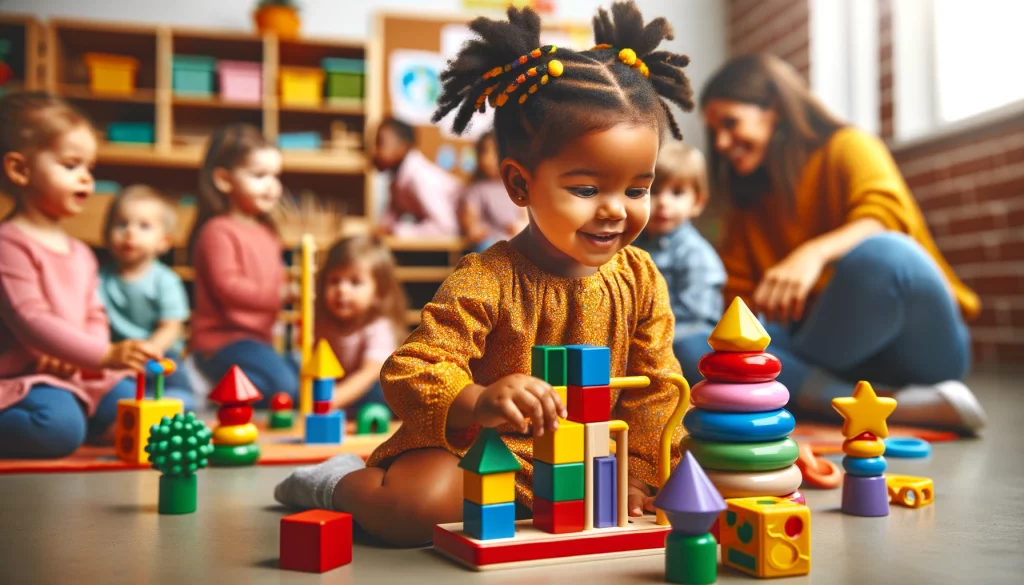 An image capturing the joy and educational value of shape sorters and stacking toys for young children in a vibrant classroom setting.