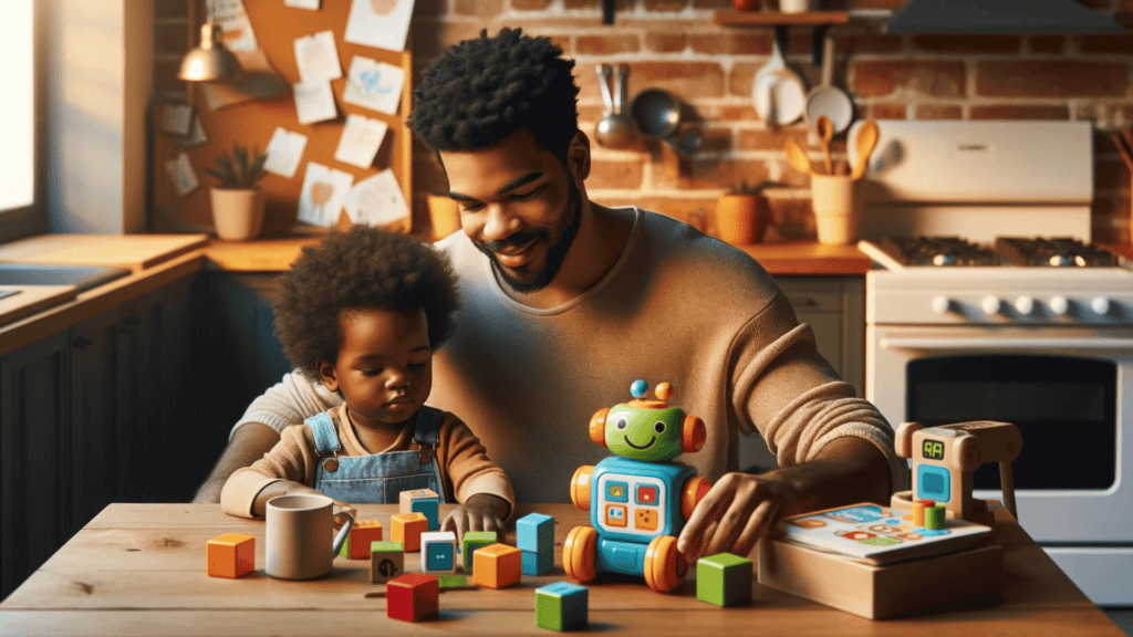 A parent and their toddler seated at the kitchen table, which is adorned with a variety of safe and smart coding toys. 