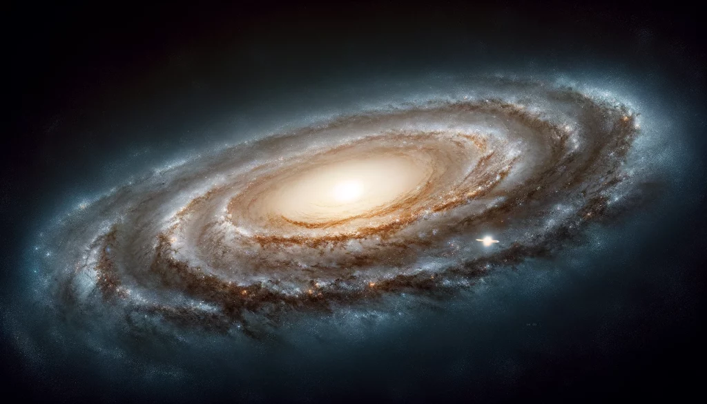 A stunning visualization of our solar system as a tiny speck within the vast, spiral Milky Way Galaxy. 