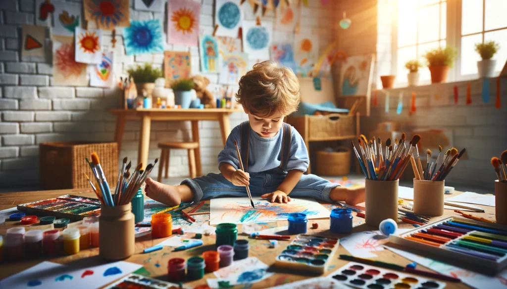 A toddler boy, immersed in creativity, paints and draws in a sunlit art space filled with vibrant art supplies, embodying the joy of artistic exploration.