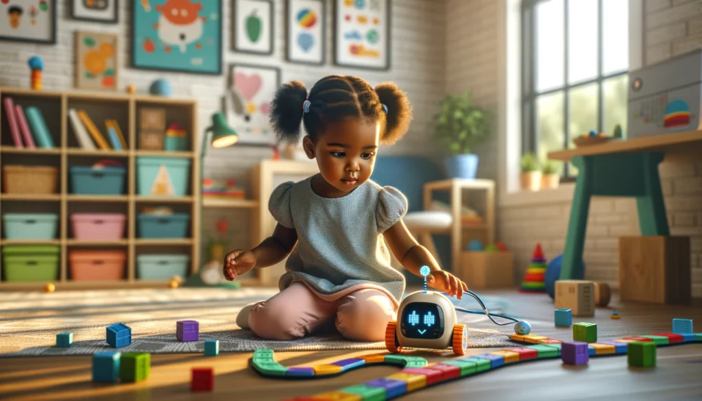 A toddler girl plays with a coding robot in her sunlit room, surrounded by vibrant STEM toys and educational posters, showcasing early engagement in coding activities.