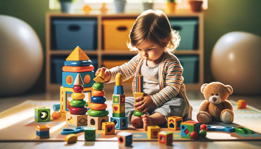 An image showing a toddler playing with shape sorter pieces by stacking them in an innovative way.