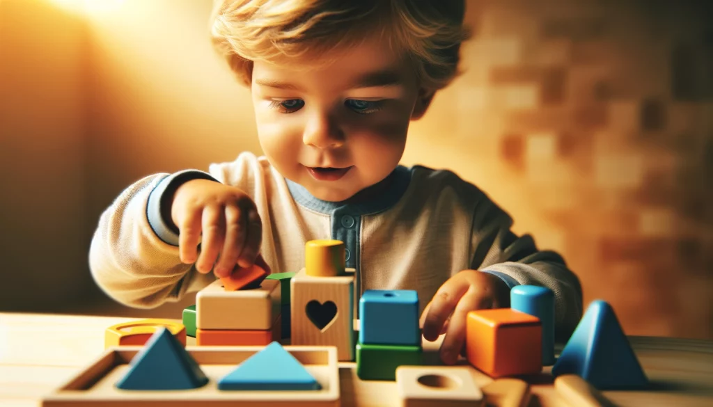  A toddler playing with classic shape sorters and stacking toys.