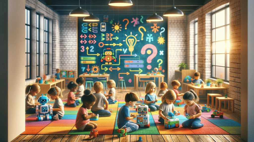 A playroom filled with toddlers  engaging with different coding toys. 