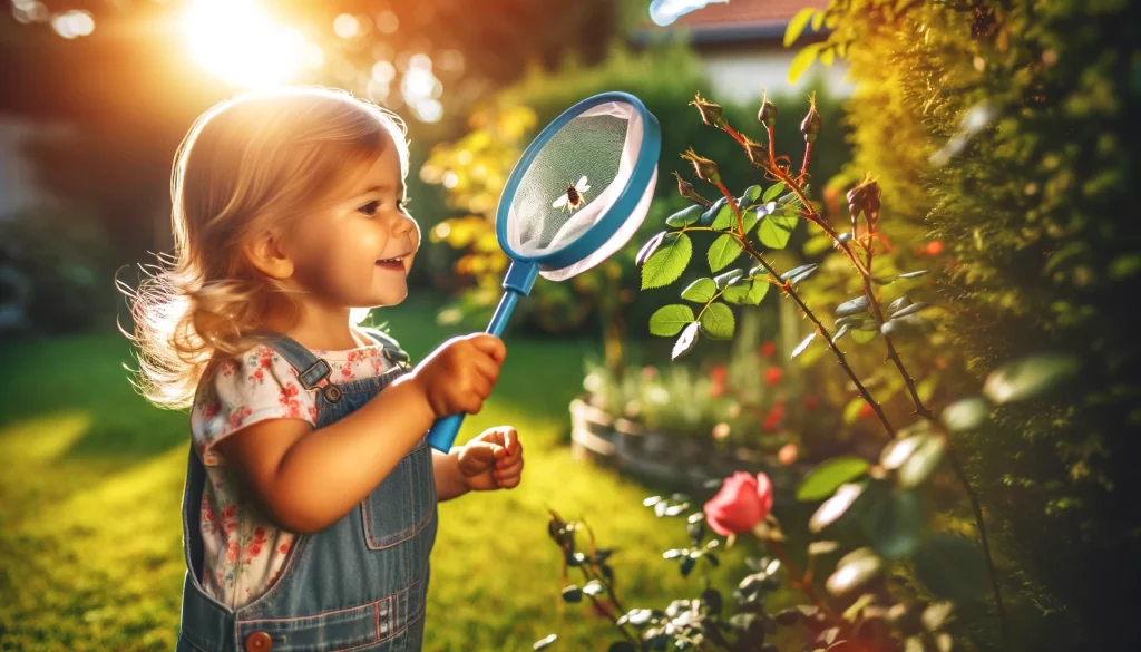 A toddler girl in her backyard  catching bugs off a rose bush.
