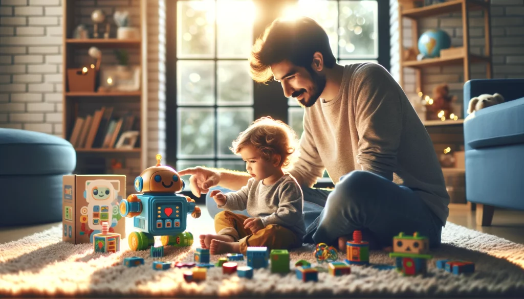 A parent and toddler exploring coding toys together in a cozy, sunlit living room