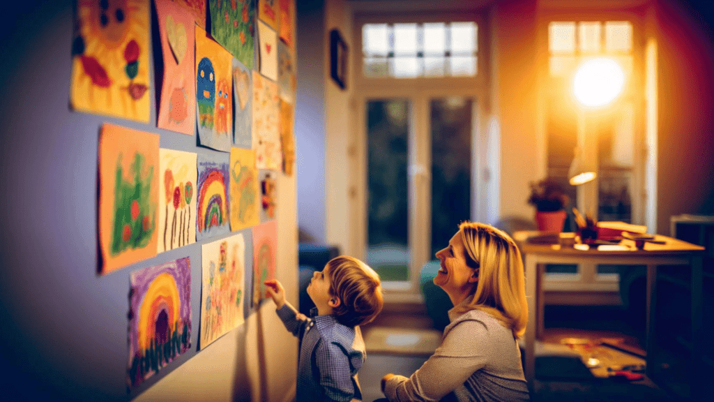 A parent and toddler admiring the toddler's colorful art creations on a wall at home.