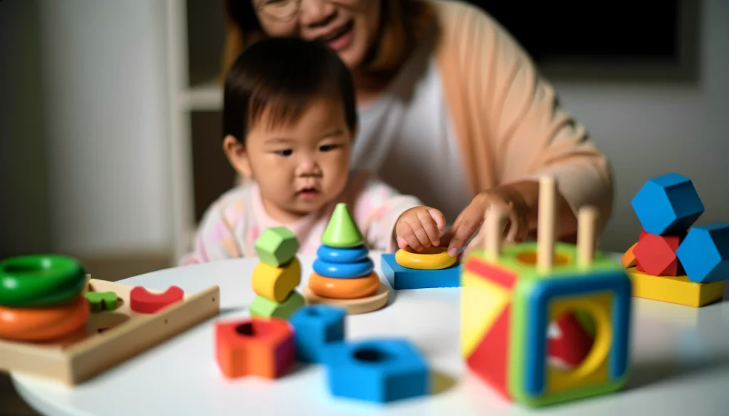 An image of a toddler and parent sitting at an activity table, engaging with shape sorters and stacking toys.