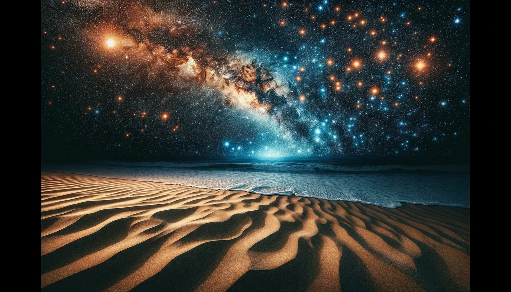 A beach on Earth with stars and galaxies in the sky. 