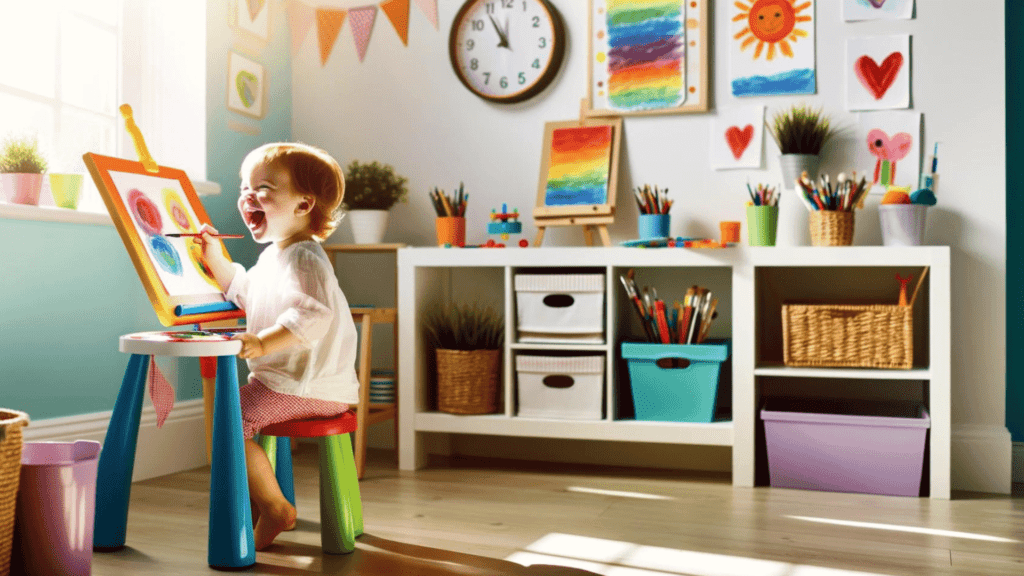 An image of a toddler is joyfully engaged in an art project