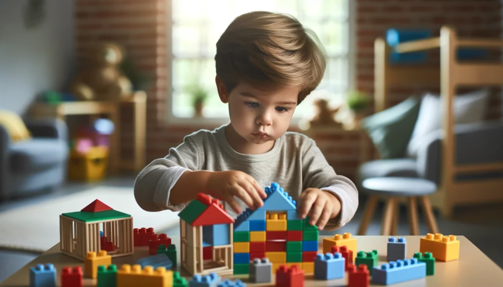 Toddler boy in a vibrant playroom, deeply engaged in creating with colorful building blocks. 