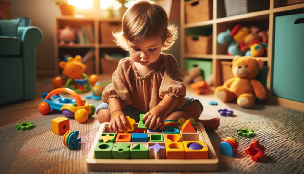 An image of a toddler playing with a shape sorter toy.