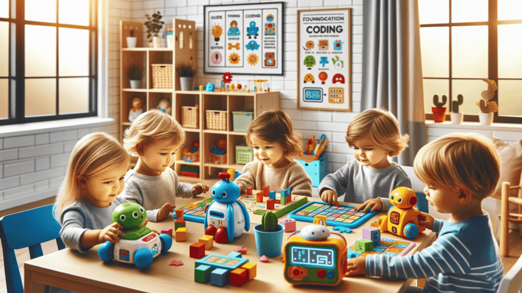 A group of older toddlers engaging with a variety of coding toys,