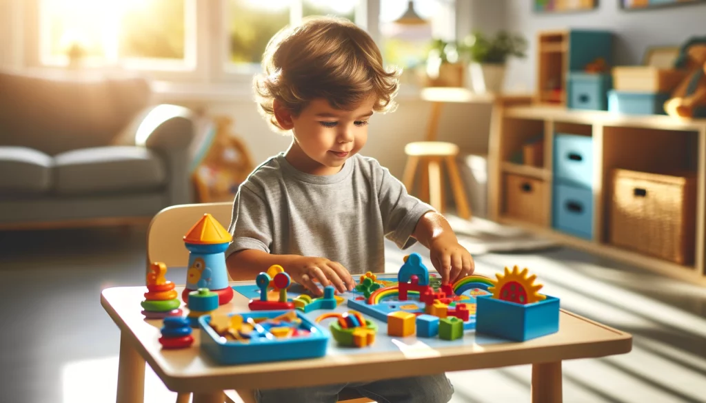 3-year-old boy fully engaged in playing at an activity table.